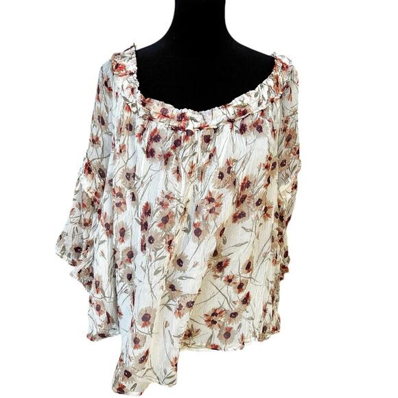 LUCKY BRAND, sheer, floral, elastic neck, bell sleeve blouse, women's size L - Picture 1 of 11